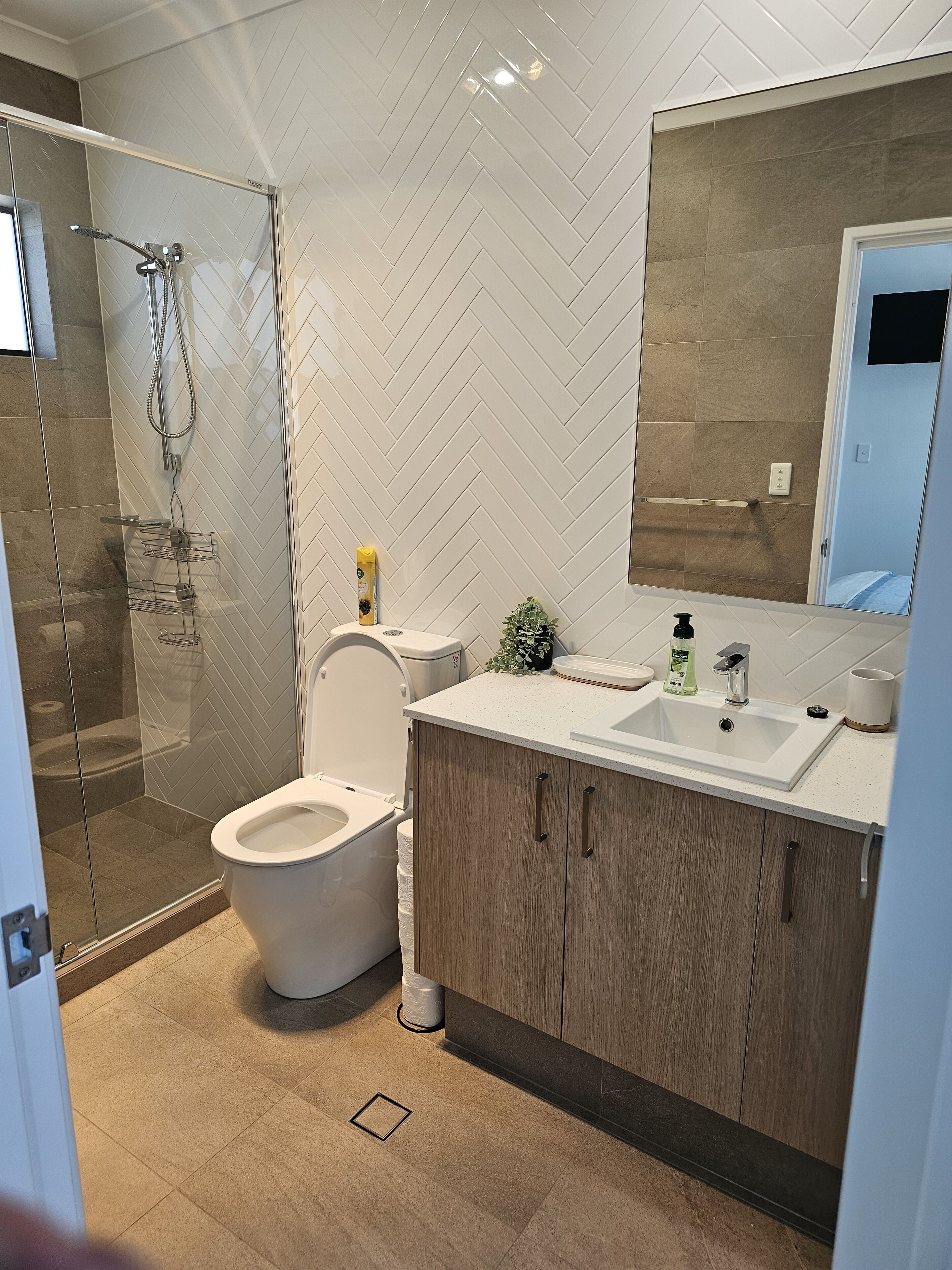 Shower, hair dryer, towels, shampoo