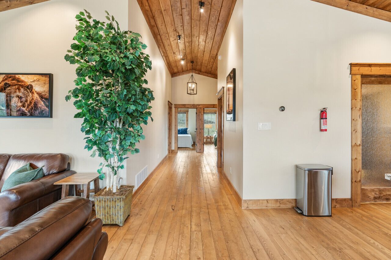 A wooden-floored hallway with a large potted plant, a fire extinguisher, and a framed picture on the wall.