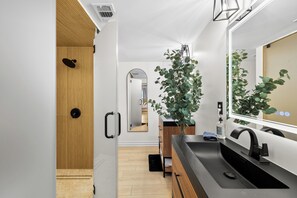 A modern bathroom with a wooden door, a large mirror, a black sink, and a potted plant. - Newly Remodeled! Bay Shore Breeze (Tampa)