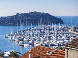 A marina with numerous boats docked, a hilly island in the background, and a tiled building in the foreground.