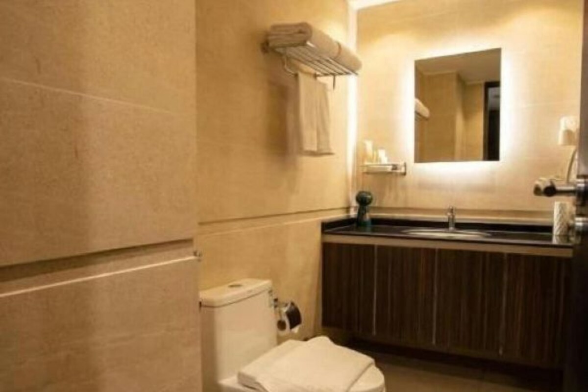 Une salle de bain équipée de toilettes, d’un lavabo, d’un miroir et d’un porte-serviettes.