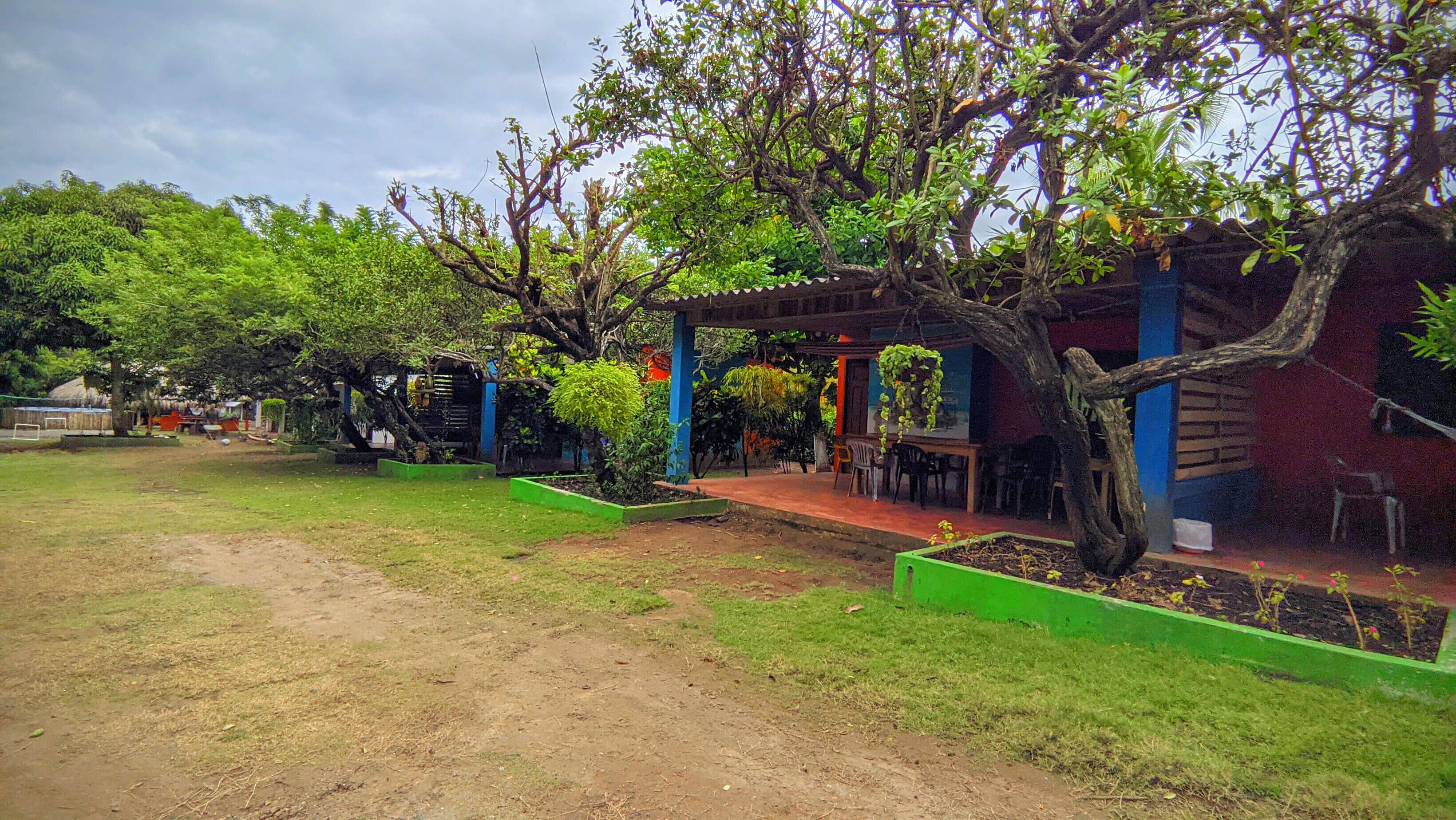 A covered outdoor seating area with a pergola, surrounded by lush greenery and trees.