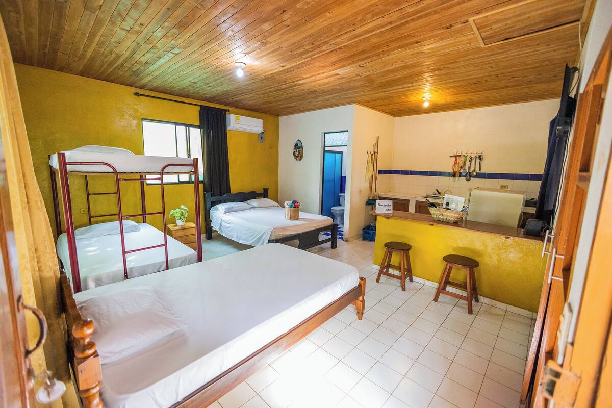 Une chambre de dortoir avec des lits superposés, un coin cuisine et une salle de bain.