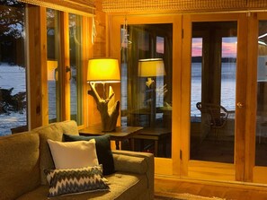 TV, fireplace, books