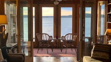 TV, fireplace, books