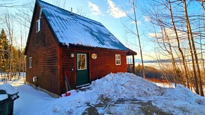Eine Holzhütte mit einem Metall-Dach, umgeben von Schnee und Bäumen.
