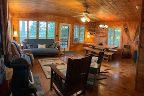 TV, fireplace, books