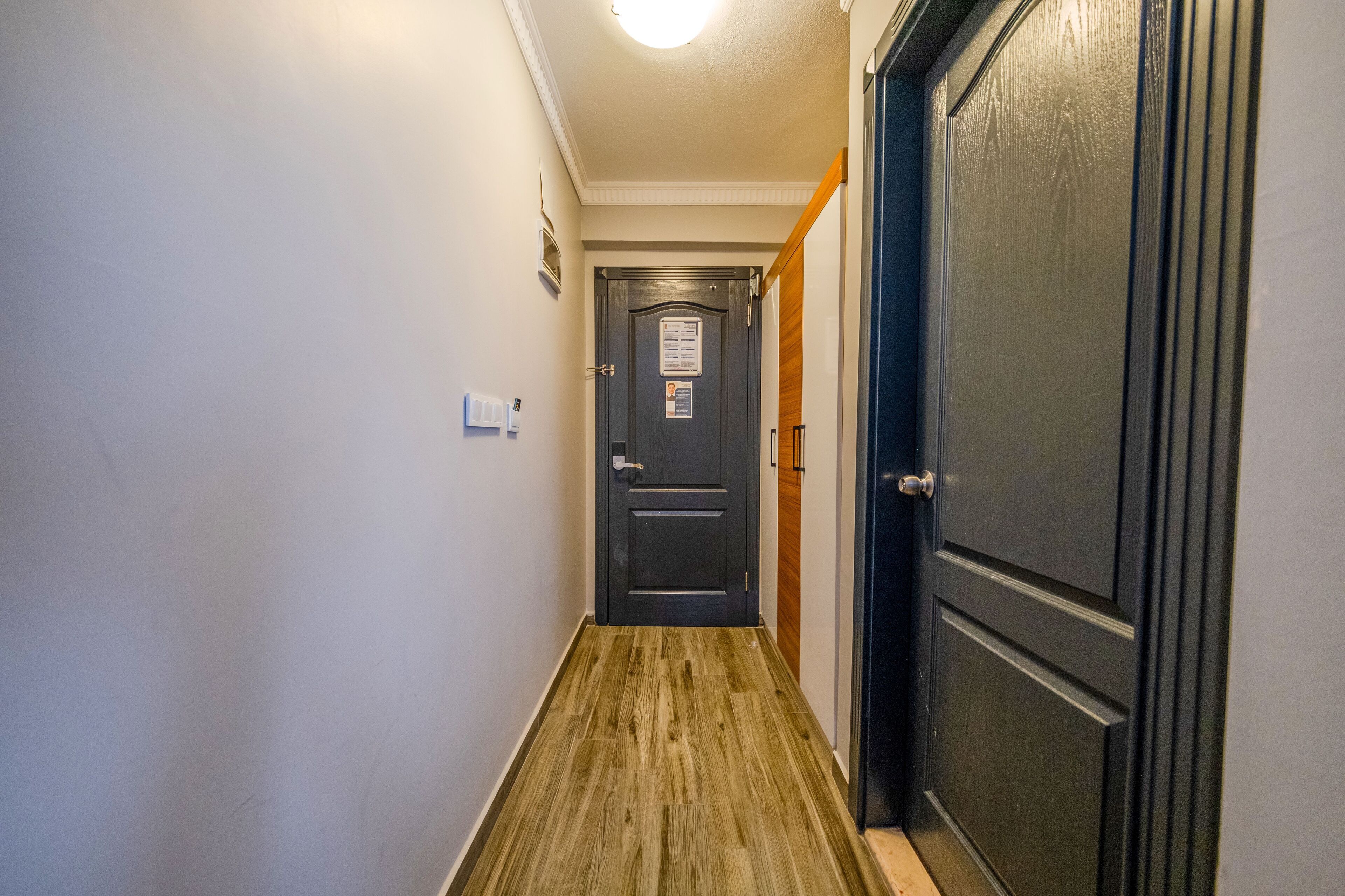 Um corredor estreito com piso de madeira, uma porta escura com pequena janela e um interruptor na parede.