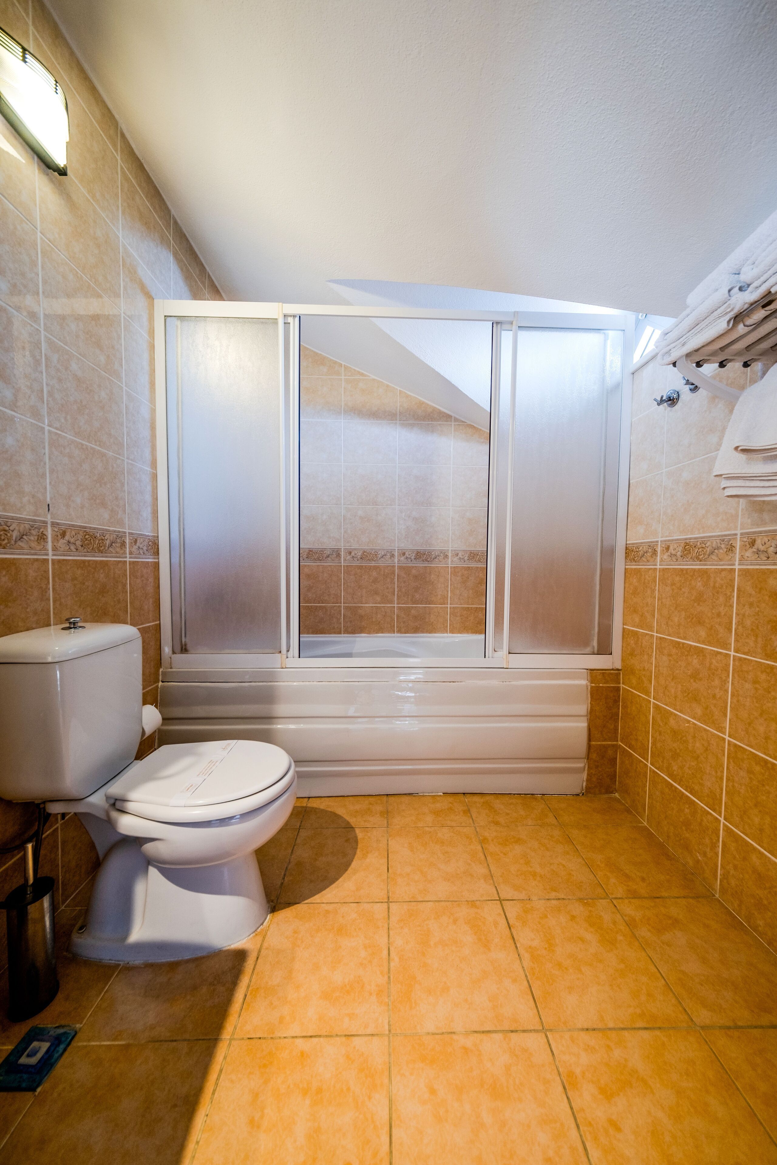 Een badkamer met toilet, bad en douchecabine.