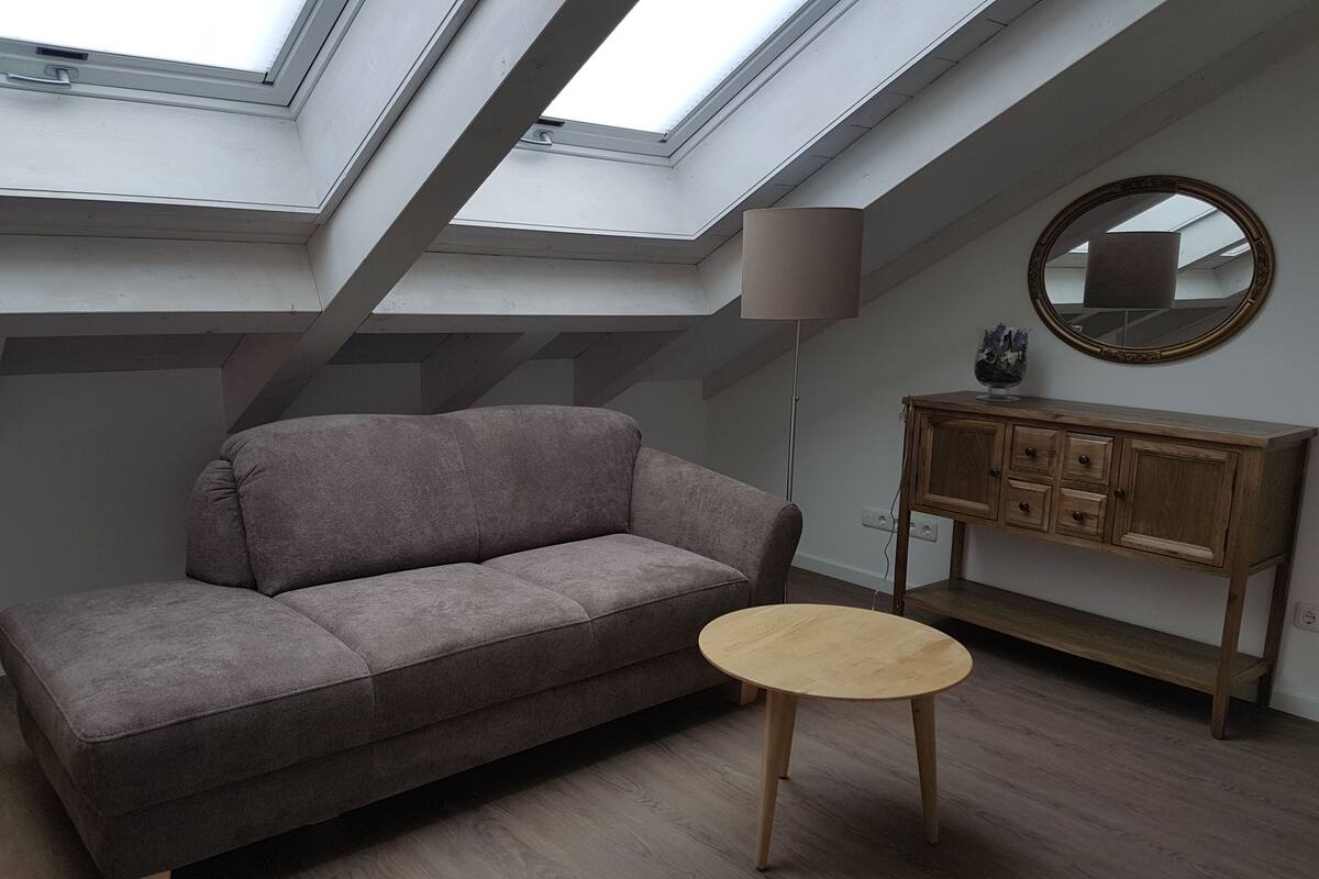 Ein Loft-Zimmer mit grauem Sofa, Holztisch und Holzschrank.