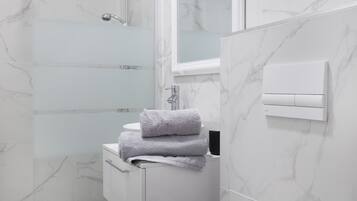 Hair dryer, towels, soap, toilet paper