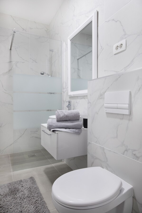 Hair dryer, towels, soap, toilet paper