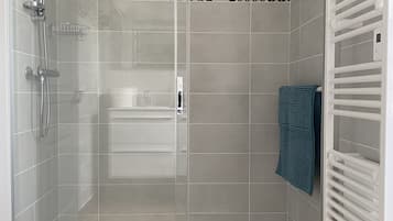 Shower, hair dryer, soap, toilet paper