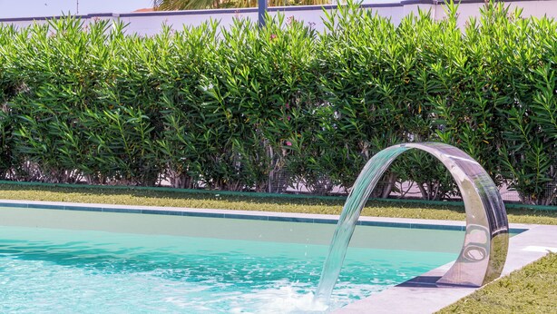 En swimmingpool med ett vackert vattenarrangemang och en skulptur i metall.
