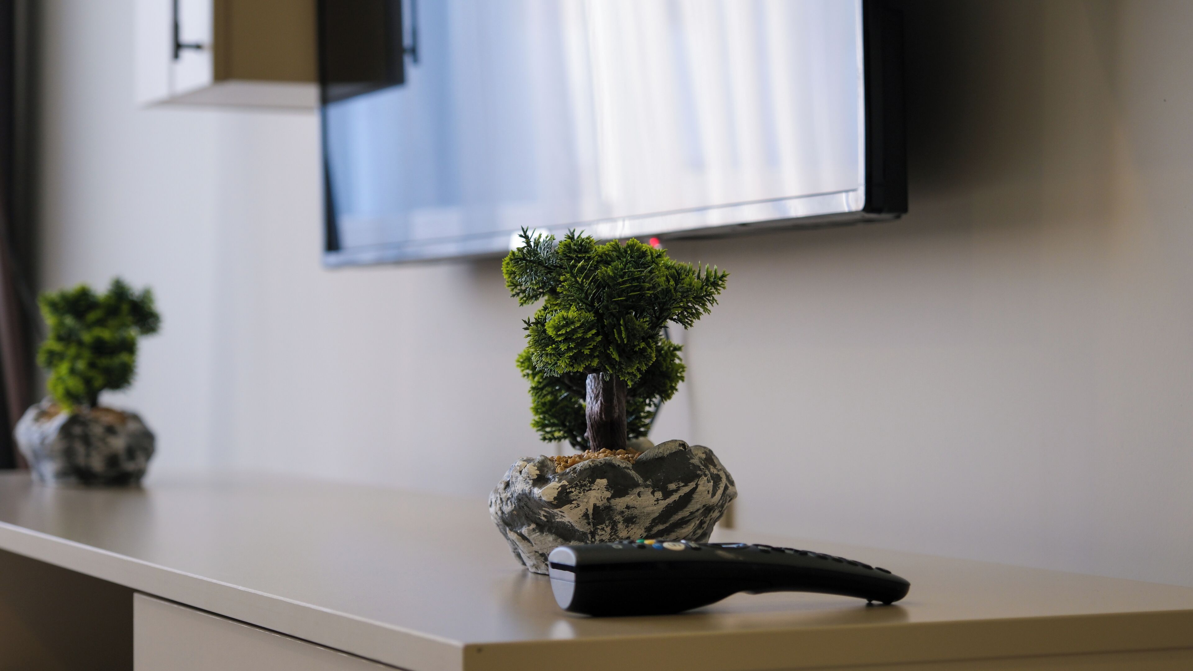 Uma mesa com uma árvore bonsai sobre uma rocha, um controle remoto e uma televisão fixada na parede.