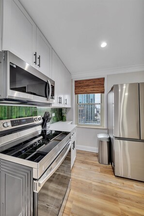 Frigorífico, microondas, horno y placa de cocina