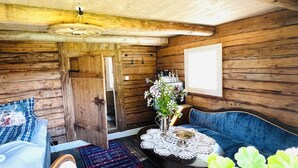 Een gezellig chaletinterieur met een houten plafond, een blauwe gestoffeerde bank, een tafeltje met een kantbeschermer en een potplant.