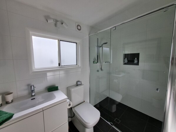 A bathroom with a toilet, sink, and shower. - Studio - self-contained (Reesville)