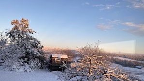 Eine Holzhütte mit einem Metall-Dach, umgeben von schneebedeckten Bäumen und einem klaren Himmel.