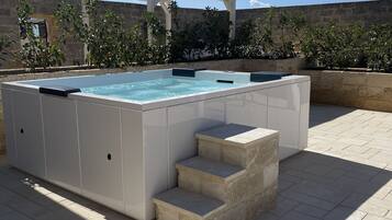 Un bain à remous rectangulaire, accessible par des marches, entouré d’un mur de pierres et de verdure.