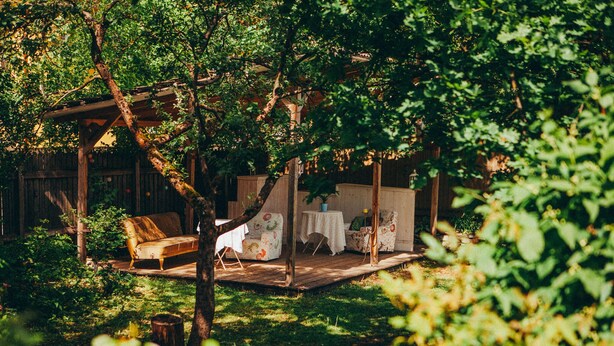 Una terraza de madera con un sofá y una mesa, rodeada de abundante follaje.