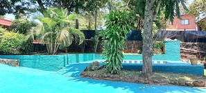 A swimming pool with a blue tiled deck, surrounded by lush greenery and a stone wall.