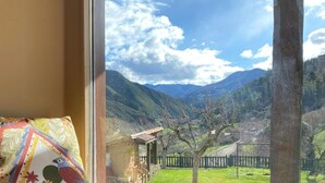 A window with a view of a mountainous landscape, a colorful pillow with a bird design, and a brown cushion.