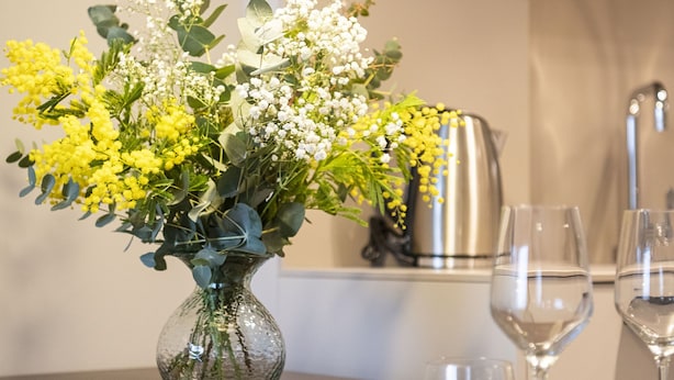 A dining table with a vase of flowers, two wine glasses, and cutlery. - Double apartment (Banyoles)