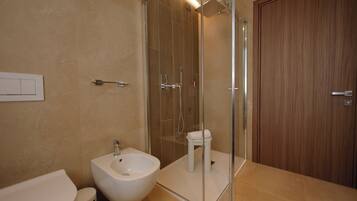 Une salle de bain moderne équipée d’un bidet, d’une douche à parois de verre et d’une porte en bois.