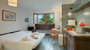 A hotel room with a bed, a desk, a window with a view, a microwave, and a sink. - Fiori di Miele few Step From Skiing (Bardonecchia)
