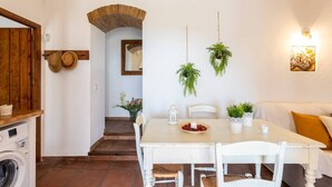 A dining area with a white table, chairs, and hanging plants. There is a wooden door and a washing machine in the background. - Cortijo Horizonte Solset (Frigiliana)