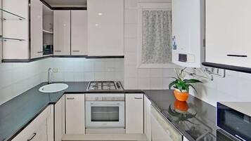 Frigorífico, microondas, horno y placa de cocina