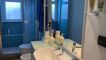 Regadera, secadora de cabello, bidet, toallas