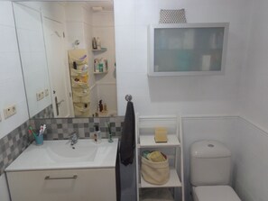 Hair dryer, towels, soap, toilet paper