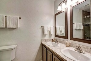 Shower, hair dryer, towels - 🔥 Charming Mountain Retreat with Fireplace, Views & Designer Touches - Summer Rentals Only (Avon)