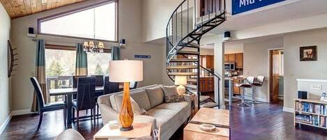 TV connectée, cheminée, lecteur de DVD, livres