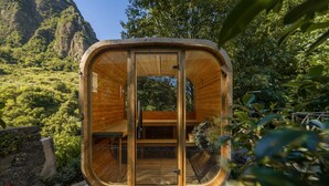 Een houten chalet met een glazen deur, omgeven door weelderige begroeiing en een bergachtig landschap.