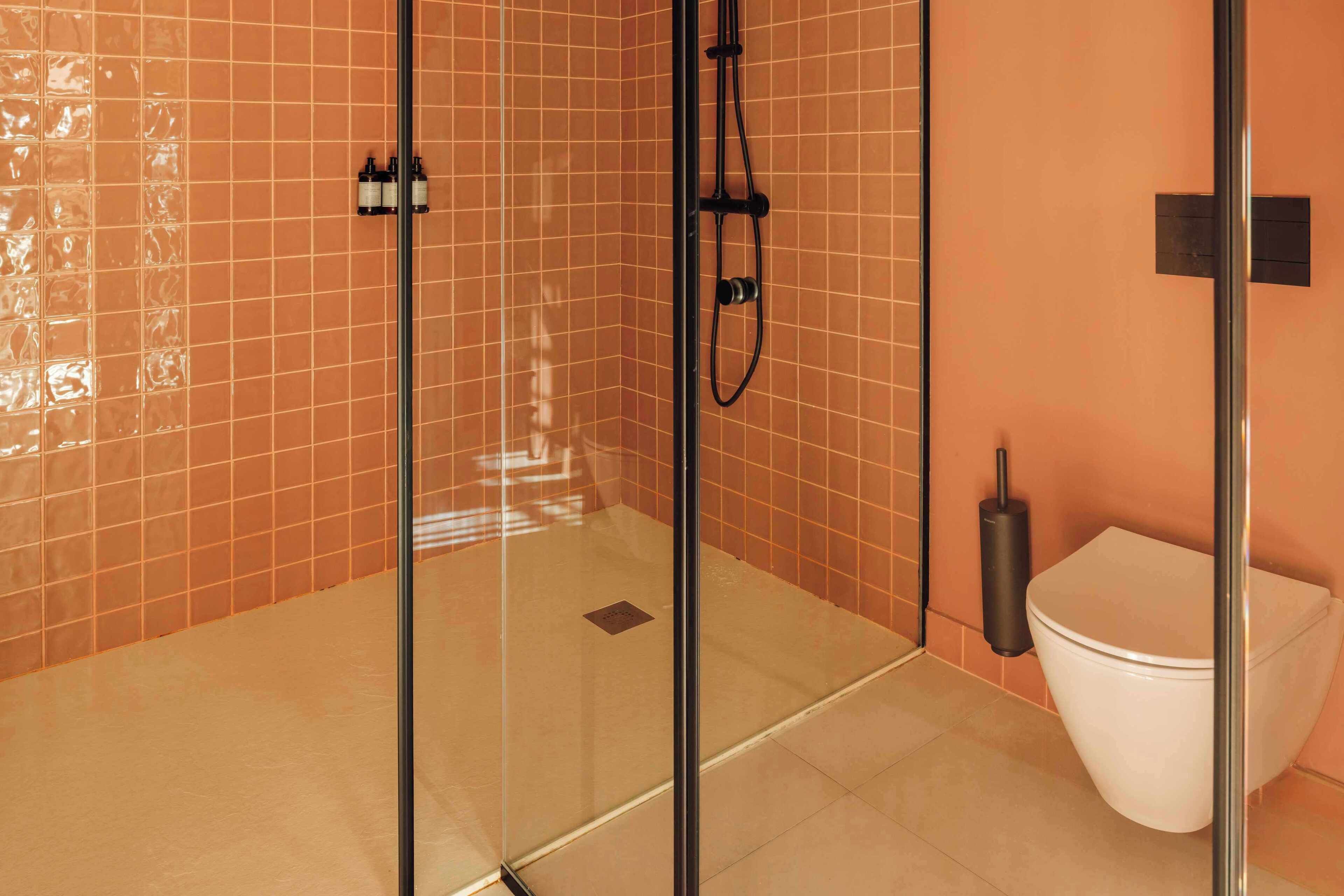 A glass-enclosed shower area with a toilet and a bidet to the right.