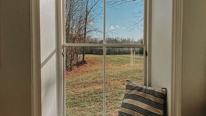 Une fenêtre donnant sur un espace verdoyant et des arbres.