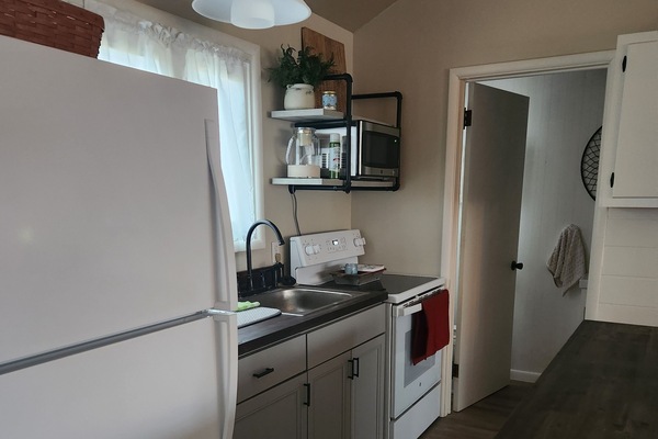 Een koelkast, een microgolfoven, een oven, een kookplaat