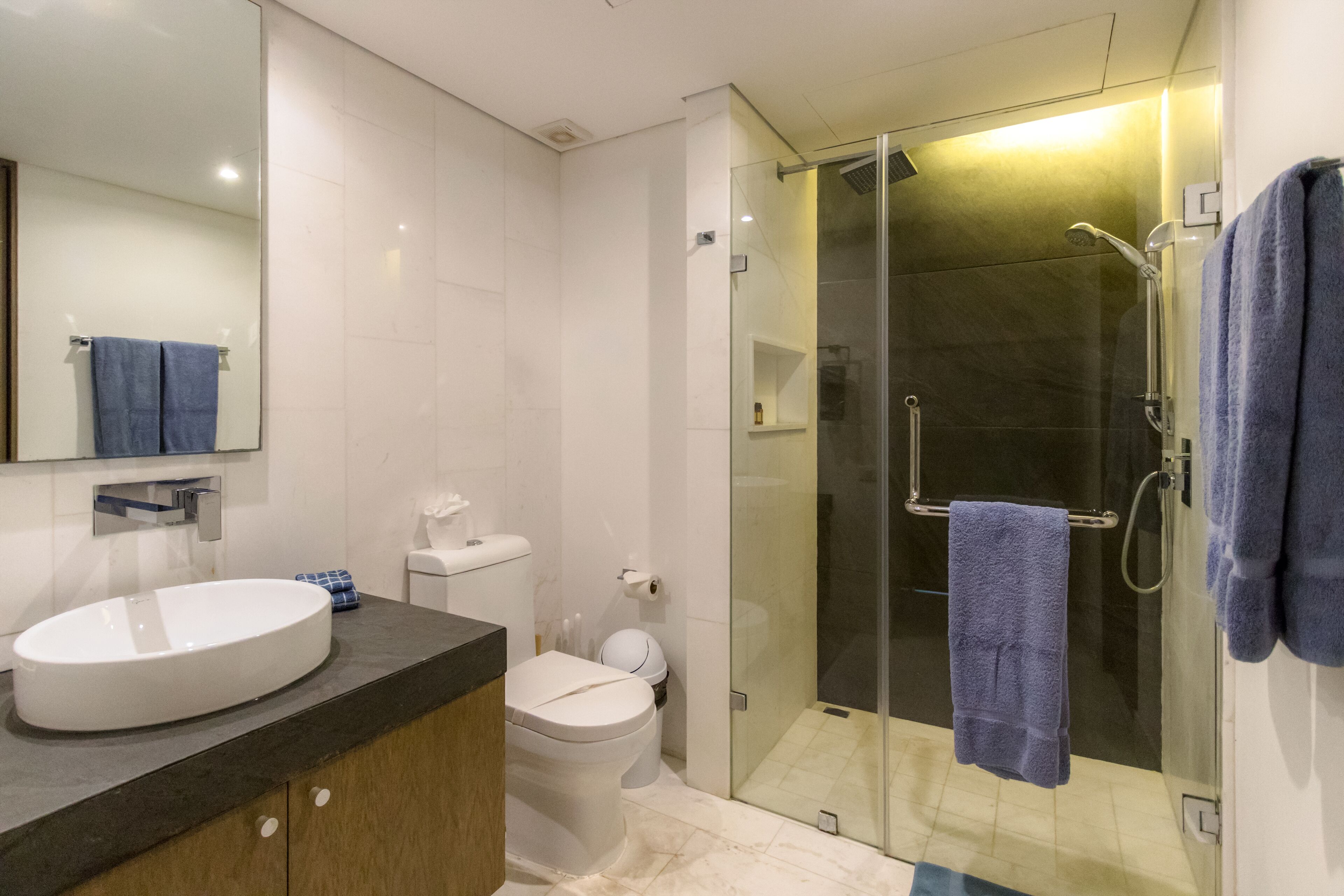 Un baño moderno con ducha de vidrio, lavamanos blanco y retrete.