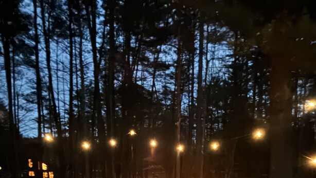 A fire pit with four Adirondack chairs arranged around it, set on a gravel surface with trees in the background. - Entire Home N. Conway - Central Location, Saco, Skiing, Shopping (Conway)