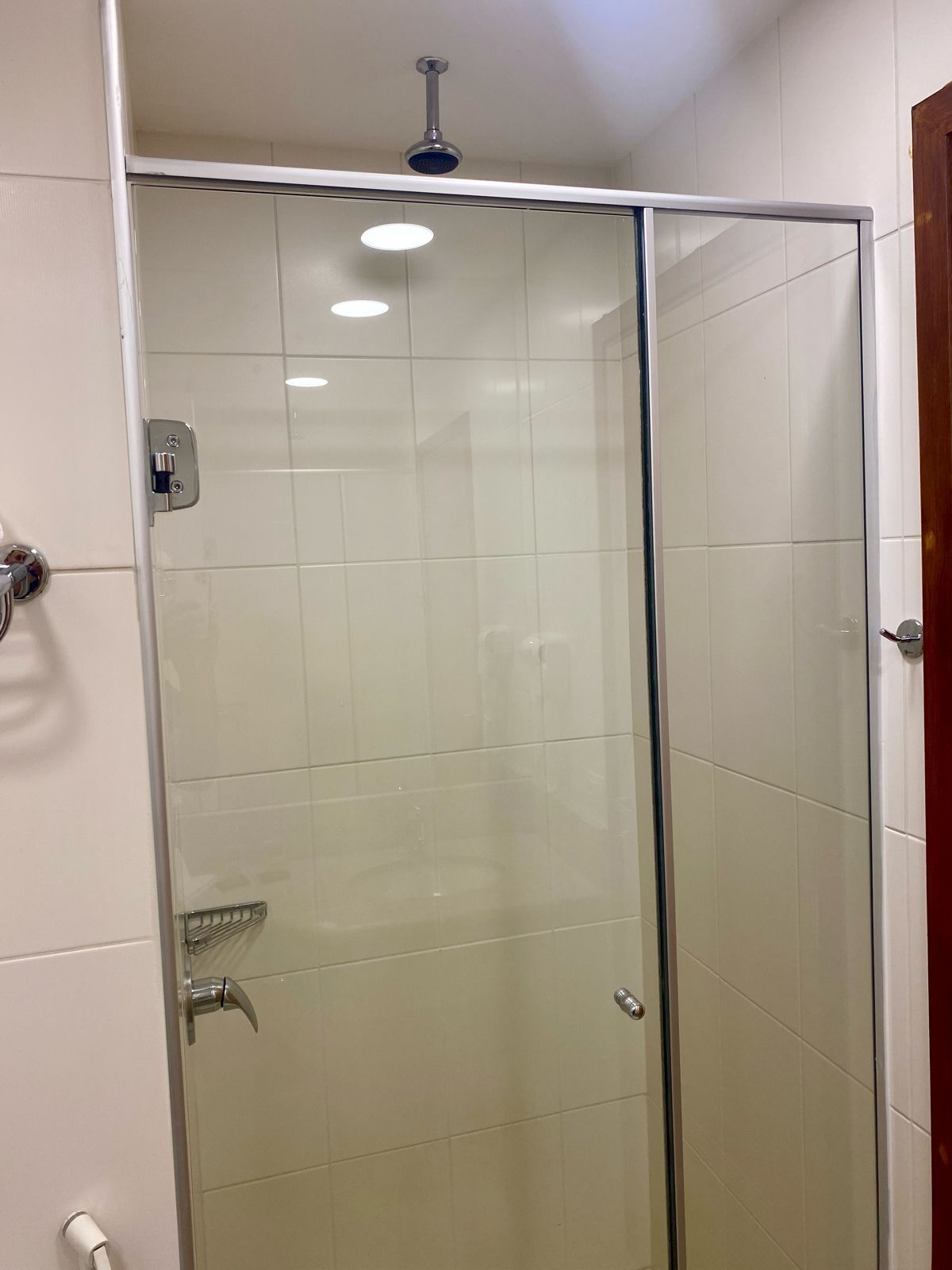 A glass-enclosed shower stall with a handheld showerhead, a handheld showerhead, and a glass door.