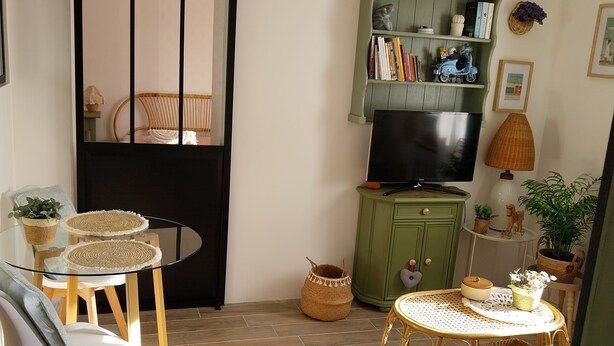 Ein gemütliches Wohnzimmer mit einer Couch, einem Glastisch mit Stühlen, einem grünen Bücherregal, einem Fernseher und verschiedenen Dekorationselementen.