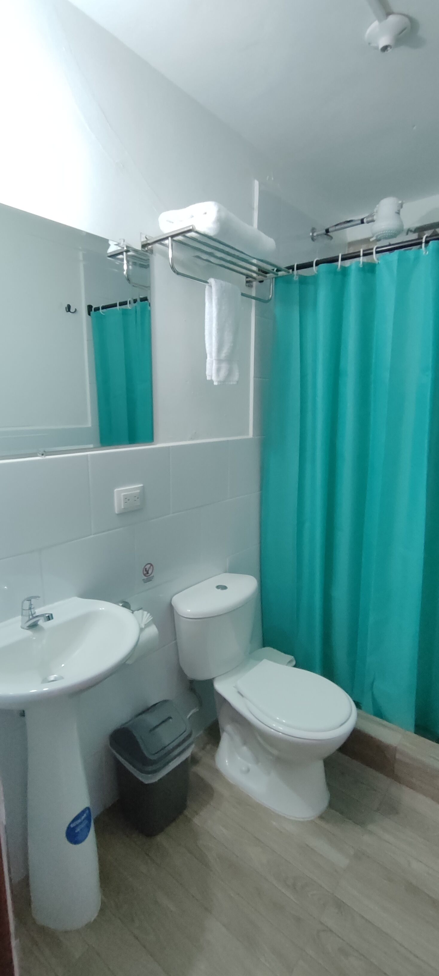 Een badkamer met een wastafel, toilet en douchegordijn.