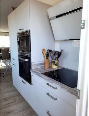 Frigorífico, microondas, horno y placa de cocina