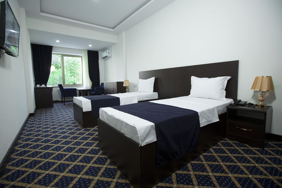 Une chambre d’hôtel avec deux lits, un bureau, une chaise, une télévision et une fenêtre avec des rideaux.
