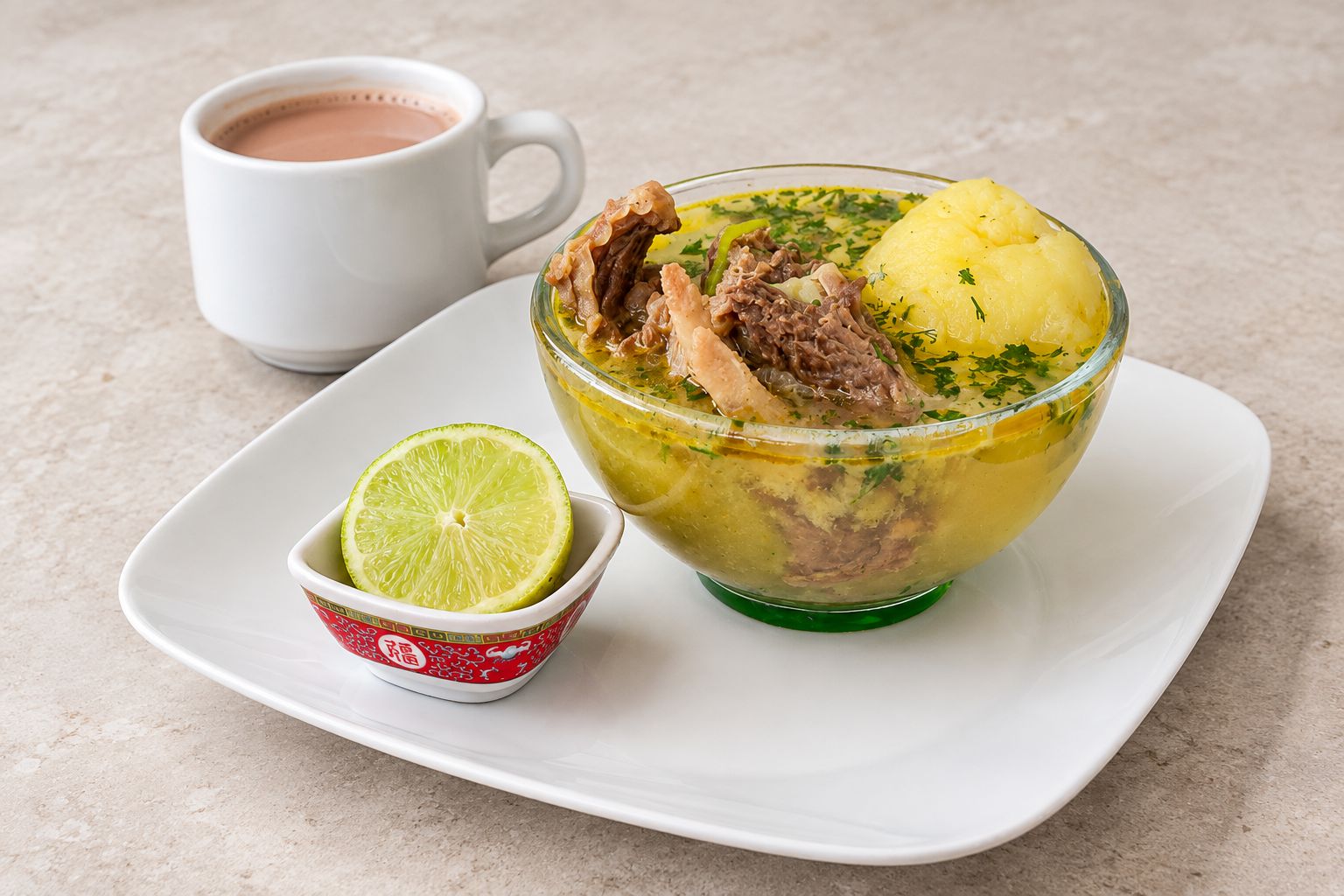 A clear glass bowl containing a yellowish soup with meat and potatoes, a lime wedge, and a white cup with a pinkish beverage.