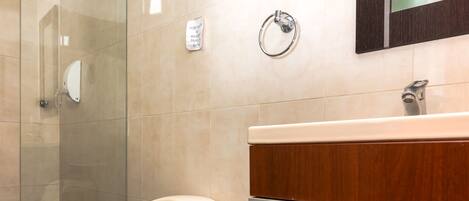 A modern bathroom with a toilet, a shower, and a vanity with a mirror.