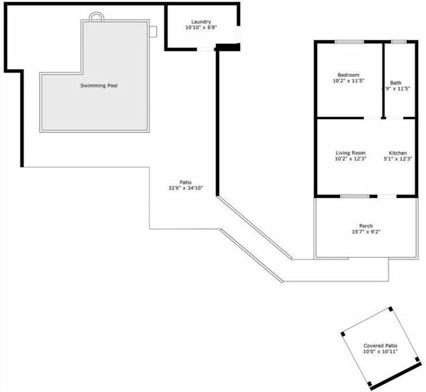 A floor plan with a swimming pool, laundry room, living room, kitchen, bedroom, bathroom, and covered patio. - Aruba 1BR Apartment w Free Parking near Palm Beach (Noord)